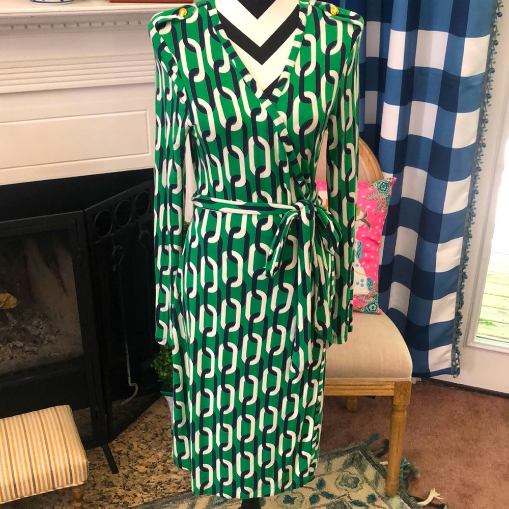 ⛓️Banana Republic Chain Print Green & Navy Wrap Dress SzM⛓️ - Picture 1 of 5